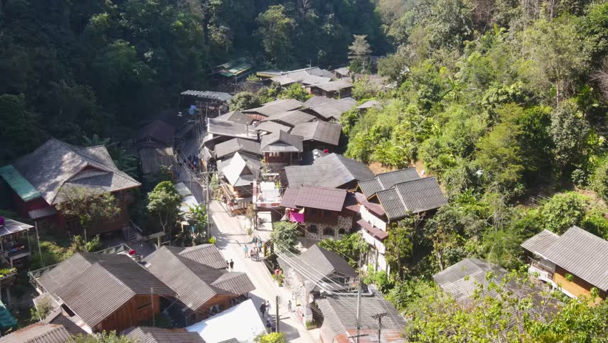 Mae Kampong Village Located At Chiang Mai Province. Aerial Parallax Shot Royalty-Free Stock Footage #3434086999