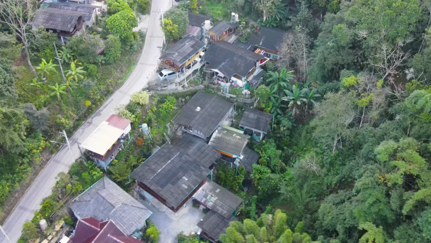 Mae Kampong Village Buildings Located At Chiang Mai Province. Aerial Parallax Shot Royalty-Free Stock Footage #3434087035