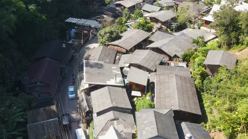 Aerial Flying Over Mae Kampong Village Rooftop Located At Chiang Mai Province. Push Forward Shot Royalty-Free Stock Footage #3434087047