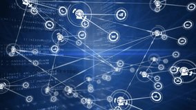 Animation of network of connections with icons over data processing on blue background. Global connections, computing and digital interface concept digitally generated video. - Powered by Shutterstock - Get 15% off with code: PIKWIZARD15