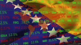 Animation of stock market and world map over flag of bosnia and herzegovina. Global finances, computing, patriotism and digital interface concept digitally generated video. - Powered by Shutterstock - Get 15% off with code: PIKWIZARD15
