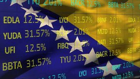 Animation of stock market and globe over flag of bosnia and herzegovina. Global finances, computing, patriotism and digital interface concept digitally generated video. - Powered by Shutterstock - Get 15% off with code: PIKWIZARD15