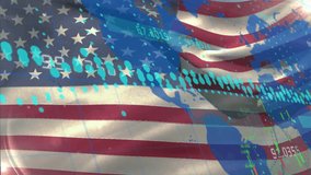 Animation of financial data processing and world map over flag of usa. Global finances, computing, patriotism and digital interface concept digitally generated video. - Powered by Shutterstock - Get 15% off with code: PIKWIZARD15