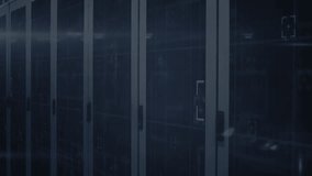 Animation of cloud and padlock icons with light trails over server room. Global technology, computing, online security and digital interface concept digitally generated video.