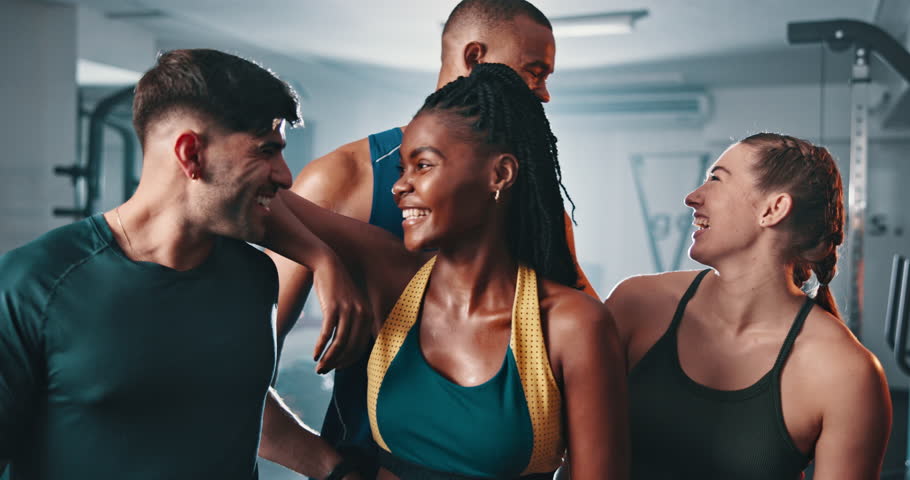 Gym group, face and friends happy for fitness club, bodybuilding or exercise for sports commitment. Happiness, portrait and team of athlete ready for community training, diversity or workout routine Royalty-Free Stock Footage #3434153673