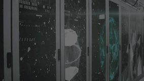 Animation of cloud, padlock and shield icons with network of connections over server room. Global technology, computing, online security and digital interface concept digitally generated video.