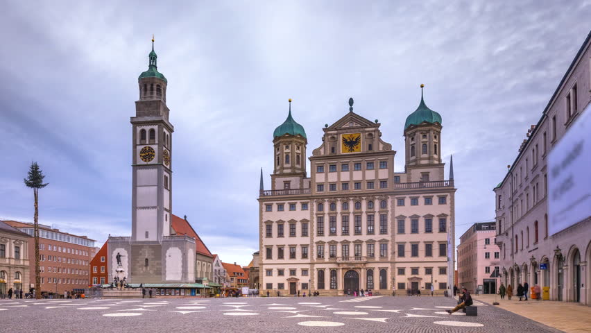 Augsburg Rathausplatz, This is the main square of Augsburg city Germany and is also where the city hall is located. Augsburg main sqaure time lapse, hyperlapse.