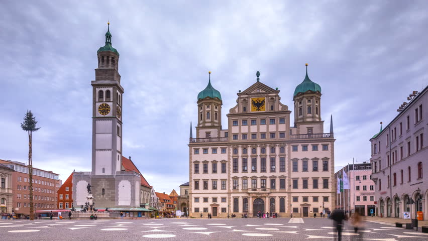 Augsburg Rathausplatz, This is the main square of Augsburg city Germany and is also where the city hall is located. Augsburg main sqaure time lapse, hyperlapse.