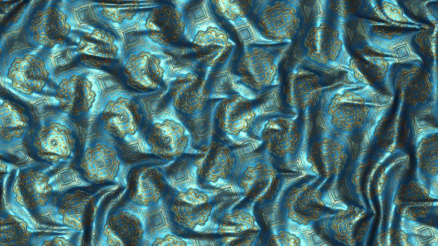 Realistic 3D animation of the dark turquoise blue fabric with Chinese golden ornament as fly away opener rendered in UHD with alpha matte