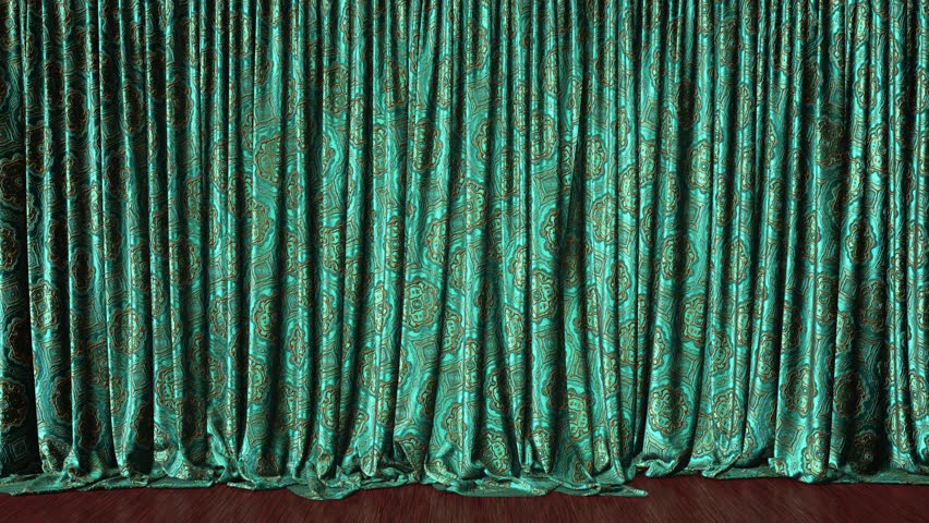 Realistic 3D animation of the luxurious textured turquoise blue curtain with traditional Chinese golden ornament and red wood flooring rendered in UHD with alpha matte