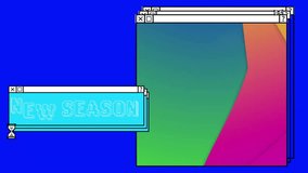 Animation of new season text and open windows with egg timer over blue computer desktop. Digital interface, processing, online shopping, networking and communication, digitally generated video. - Powered by Shutterstock - Get 15% off with code: PIKWIZARD15