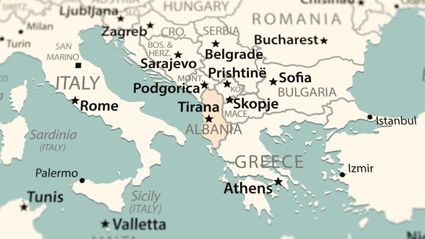 Albania on the world map. Smooth map rotation. 4K animation.