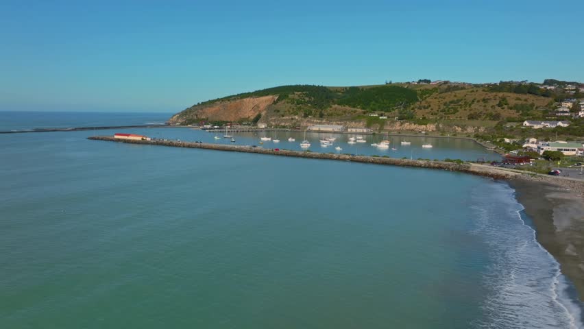 Aerial: Ocean and pier in Oamaru, Otago, New Zealand.