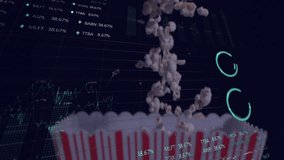Animation of financial data processing over popcorn on black background. Finances, computing, technology, communication and digital interface concept digitally generated video. - Powered by Shutterstock - Get 15% off with code: PIKWIZARD15