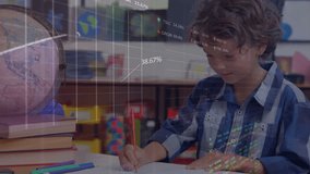Animation of financial data processing over caucasian schoolboy writing in notebook. Global education, learning finances, computing and digital interface concept digitally generated video. - Powered by Shutterstock - Get 15% off with code: PIKWIZARD15