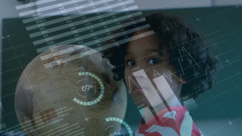 Animation of financial data processing over african american schoolboy spinning globe. Global education, learning finances, computing and digital interface concept digitally generated video. - Powered by Shutterstock - Get 15% off with code: PIKWIZARD15