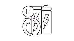 Animated battery recycling icon. Accumulator recovery line animation. Rechargeable battery, lithium. Black illustration on white background. HD video with alpha channel. Motion graphic