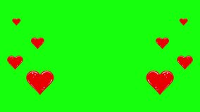 4K Social media Live style animated heart on green screen. Isolated Social media love like icon isolated on green chroma key screen. Hand Drawn Heart Icon Sketch. Hearts icons flying up. Social media.