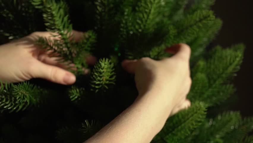 A girl straightens the branches of an artificial Christmas tree.