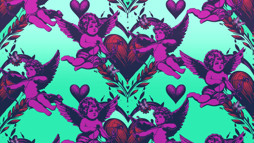 A 2D illustrated animated background with a love or valentine theme, featuring ornate love hearts, lovebirds and cupid characters.
 Royalty-Free Stock Footage #3434434037
