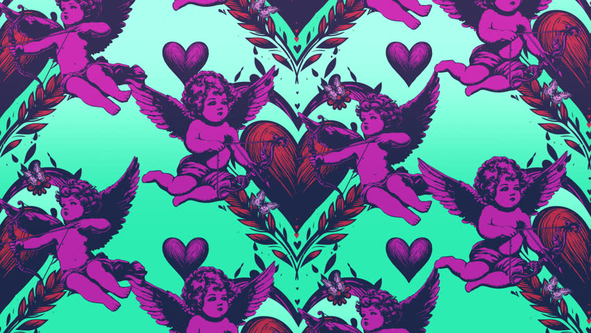 A 2D illustrated animated background with a love or valentine theme, featuring ornate love hearts, lovebirds and cupid characters.
