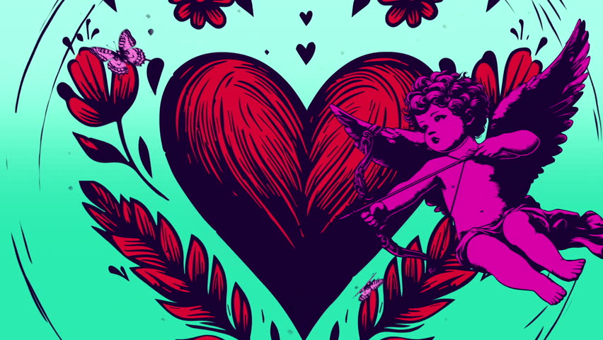 A 2D illustrated animated background with a love or valentine theme, featuring ornate love hearts, lovebirds and cupid characters.
