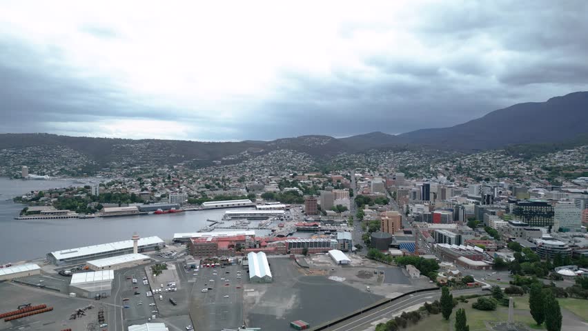 Tasmania Hobart Docks icebreaker ship drone Passover mountain 50fps