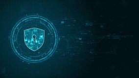 Motion graphic of Blue digital security shield logo and circle futuristic HUD elements with flowing arrows with network firewall technology and data secure concepts on abstract background - Powered by Shutterstock - Get 15% off with code: PIKWIZARD15