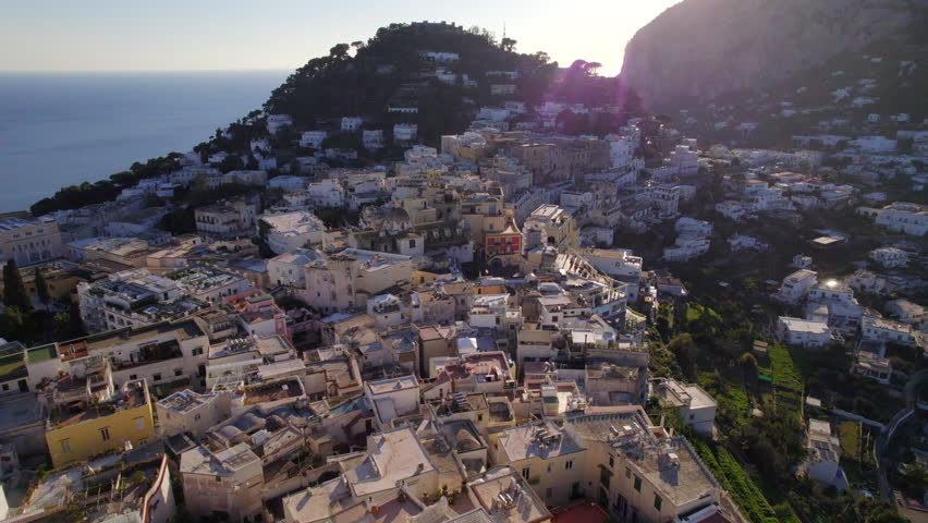 Isola di Capri in the Campania region of Italy. Aerial view at sunset