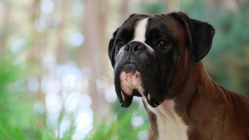 Close up view of boxer dog looking around while standing outdoors on green background. Deutscher Boxer Dog sitting on a green backyard lawn. Portrait domestic animal dog with sad muzzle and brown eyes