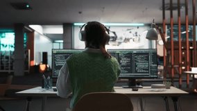 Creative Office: Professional Female Programmer Uses Headphones, Working on Desktop Computer. Focused Developer, Software Engineer Developing App, Video Game. Listening to Podcast or Music. Back View. - Powered by Shutterstock - Get 15% off with code: PIKWIZARD15