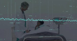 Animation of financial data processing over diverse male doctor and child patient. Global finances, medicine and digital interface concept digitally generated video.