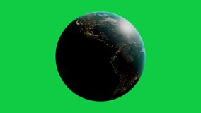 Partially lit planet Earth rotating 360 degrees with night lights from continents in dark area. Green screen chroma key background for keying. Seamless loop. Apple ProRes. 3d illustration.