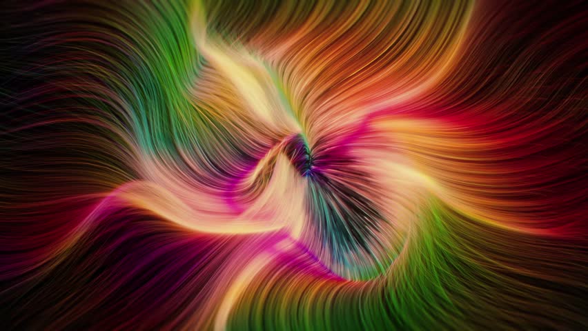 Transition effect neon vibrant color motion gradient curves. Abstract twist multicolored glowing lines on black background, 3D video animation.
