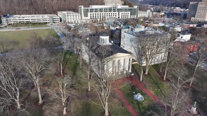 Frankfort Kentucky old capital building downtown during sunset AERIAL ORBIT