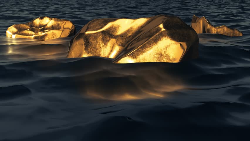 Golden stones in black liquid or oil, abstract background with golden boulders, golden mountains, oil sea, black sea with golden mountain peaks. Gold nuggets. Oil and gold business concept