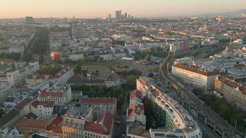Vienna austria city skyline aerial view drone footage fly over vienna downtown panoramic view aerial.