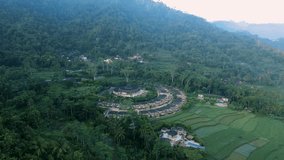 Aerial view of Amanjiwo Premium Hotel with mountain forest in the background in the morning. The best hotel in Indonesia for the world's elite.
