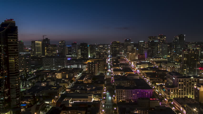 Aerial View Shot of San Diego at night evening, crystal clear image, California, United States of America, downtown
