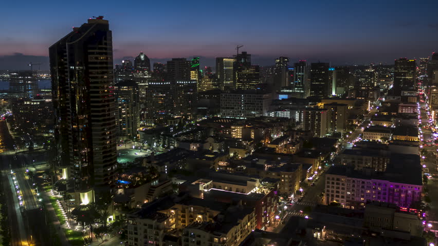 Aerial View Shot of San Diego at night evening, crystal clear image, California, United States of America, downtown