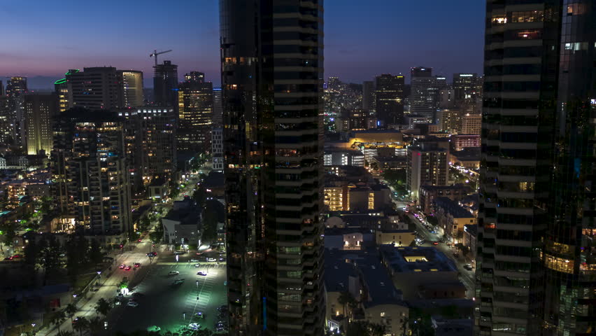 Aerial View Shot of San Diego at night evening, crystal clear image, California, United States of America, downtown