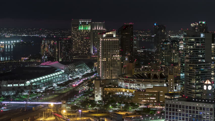 Aerial View Shot of San Diego at night evening, crystal clear image, California, United States of America, downtown