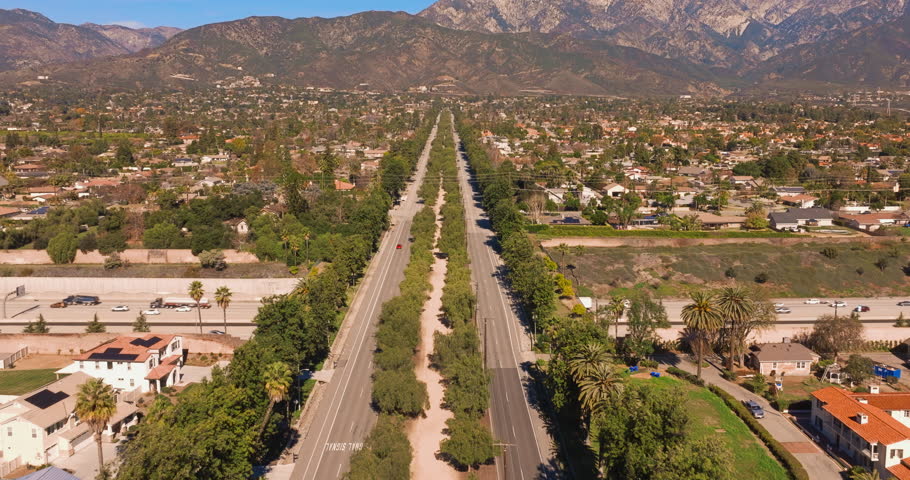 Euclid Ave Tree Lined Bridge over freeway in Ontario, California