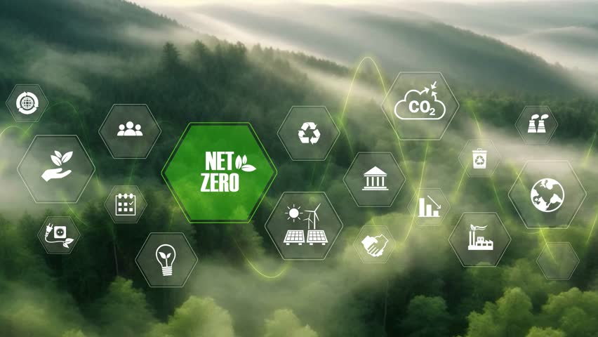 Net zero concept , carbon neutral concept. Net zero greenhouse gas emissions target. Climate neutral long term strategy2050. Net zero poligonal icons on Green forest landscape background.Corporate 4K  Royalty-Free Stock Footage #3434749003