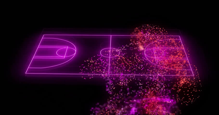 Animation of network of red particles over purple neon basketball court on black background. Sport, entertainment, change, network, movement and competition, digitally generated video.