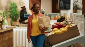 Shopper choosing freshly harvested vegetables from market, eating healthy and buying produce from local zero waste eco store. African american client shopping for organic food items. Camera A. - Powered by Shutterstock - Get 15% off with code: PIKWIZARD15