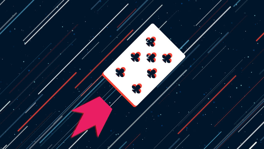 Seven of clubs playing card flies through the universe on a jet propulsion. The symbol in the center is shaking due to high speed. Seamless looped 4k animation on dark blue background with stars