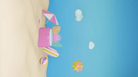 3D animation summer sales social media post portrait template with podium stories or reels video, suitable for travel agency or product campaign.