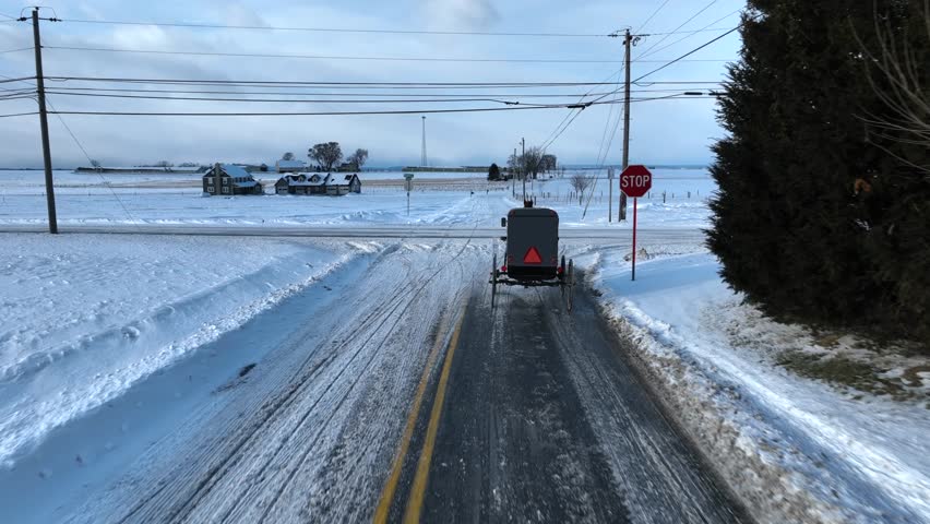 Aerial tracking shot of horse and buggy in snow-covered Amish country. White farmland with snowy roads.