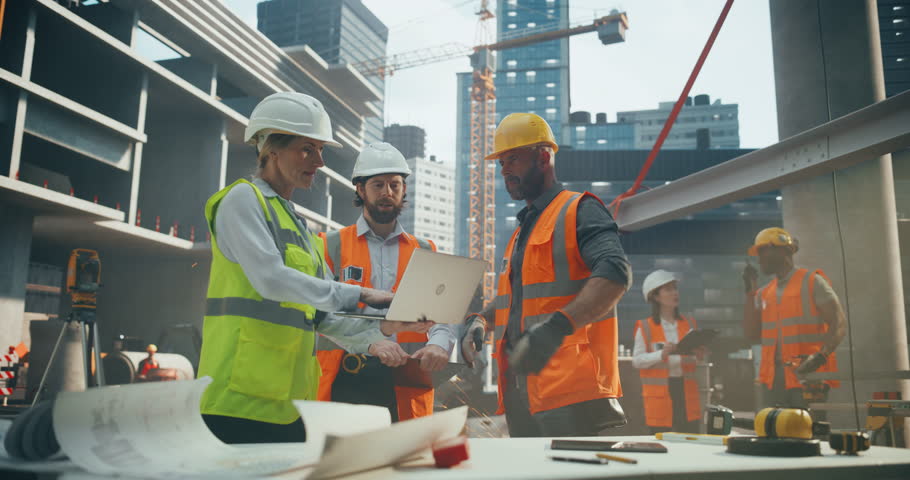 Crew of Construction and Site Managers Having a Meeting at a Construction Site with Skeleton Frame Building with Concrete and Steel Beams. Industrial Specialists Using Laptop to Check the Blueprints Royalty-Free Stock Footage #3434904733